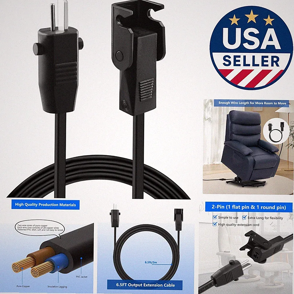 6.6ft Durable Power Cord for Recliners and Electric Sofas, 2-Pin Connector