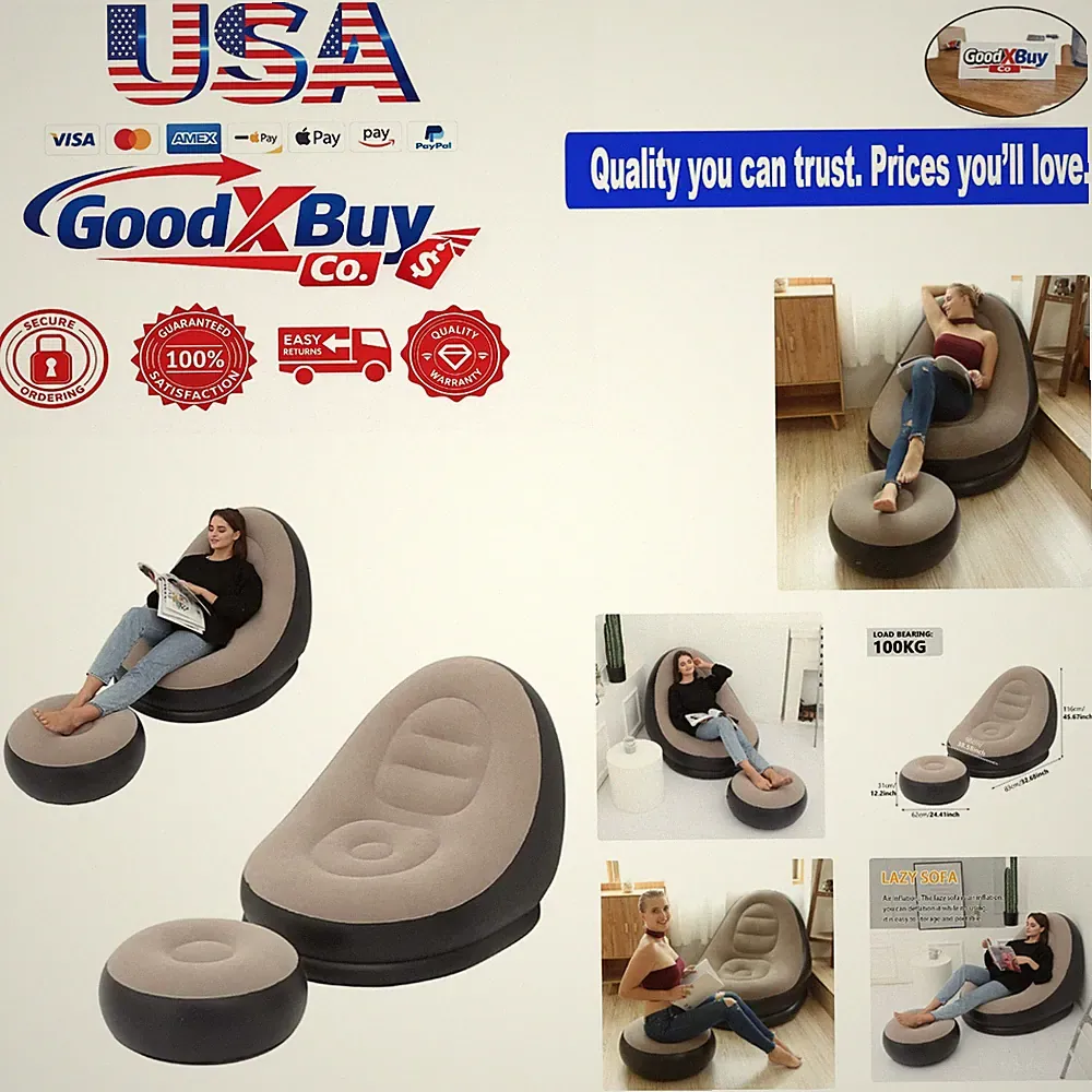 Inflatable Lazy Sofa with Foot Stool - Portable Indoor Outdoor Lounge Chair f...