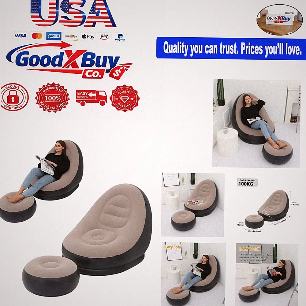 Inflatable Lounge Chair for Indoor Outdoor Use - Soft Flocked Couch Sofa - No...
