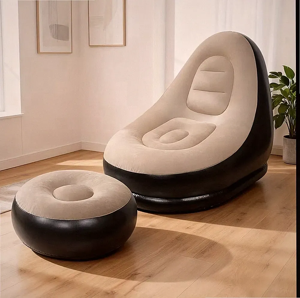 Inflatable Outdoor Sofa with Foot Stool Waterproof Ergonomic Beige/Black 2pc